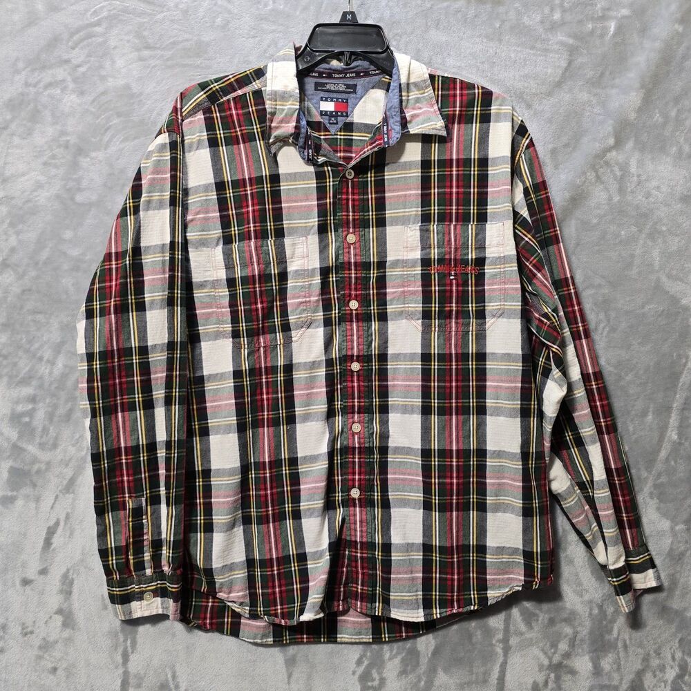 Vtg Tommy Hilfiger Jeans Shirt XL Button Up Long Sleeve Multicolor Plaid 90s Y2K